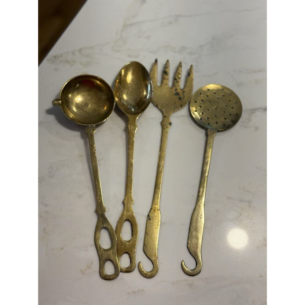 Vintage Ornate Brass Kitchen Utensils -spoon, ladle, fork and skimmer